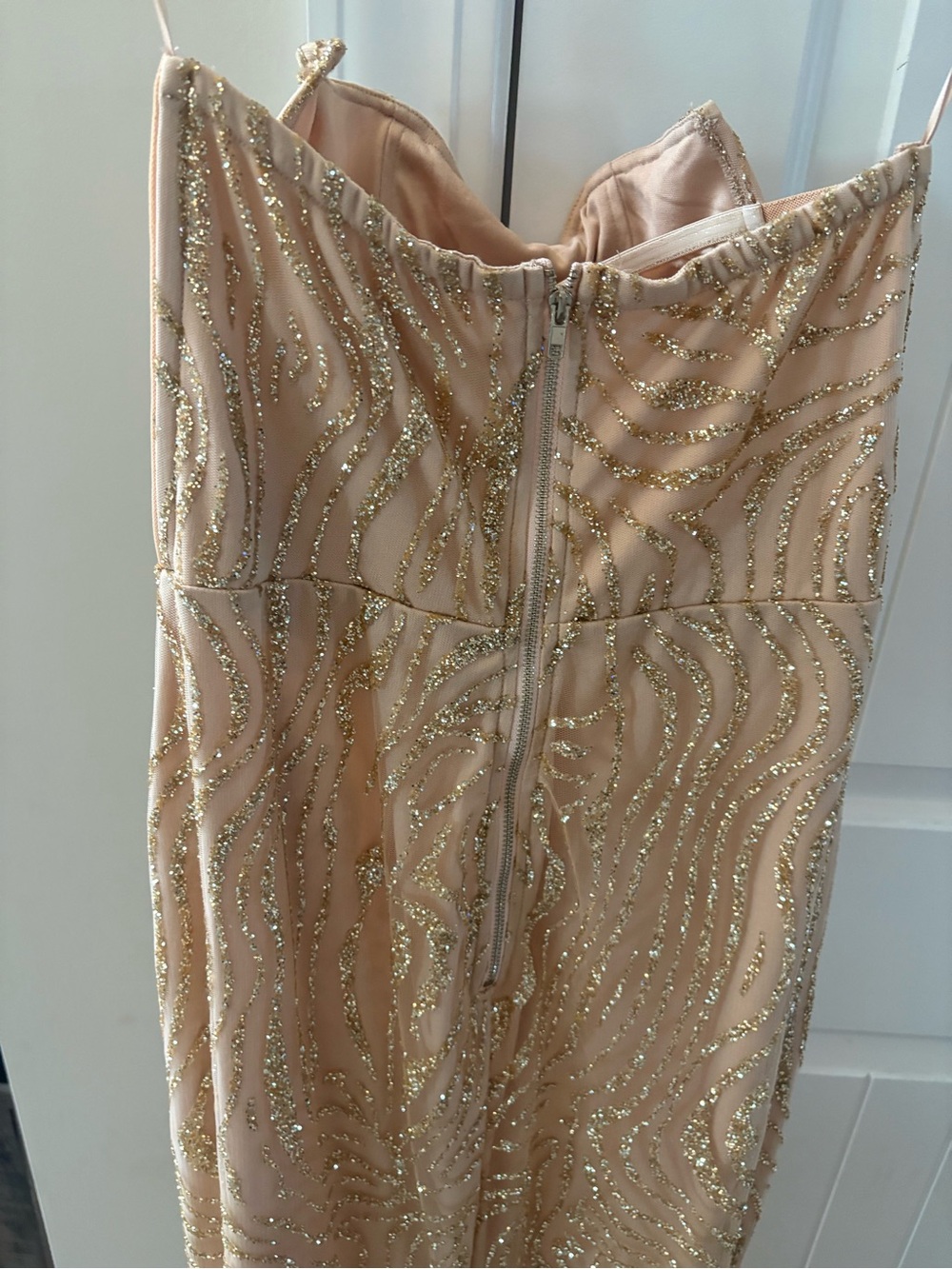 Luxxel Strapless Beaded Evening Gown in Champagne - Picture 4 of 7